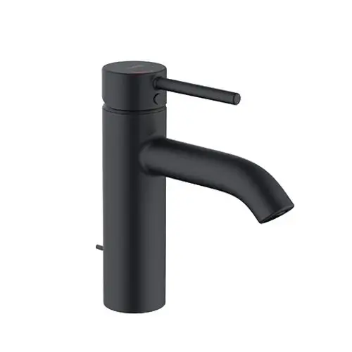 Schwarzer Waschbeckenarmatur von Kludi mit einem schlanken, geraden Auslauf und einem seitlichen Bedienhebel. Simples Design, geeignet für moderne Badezimmer.